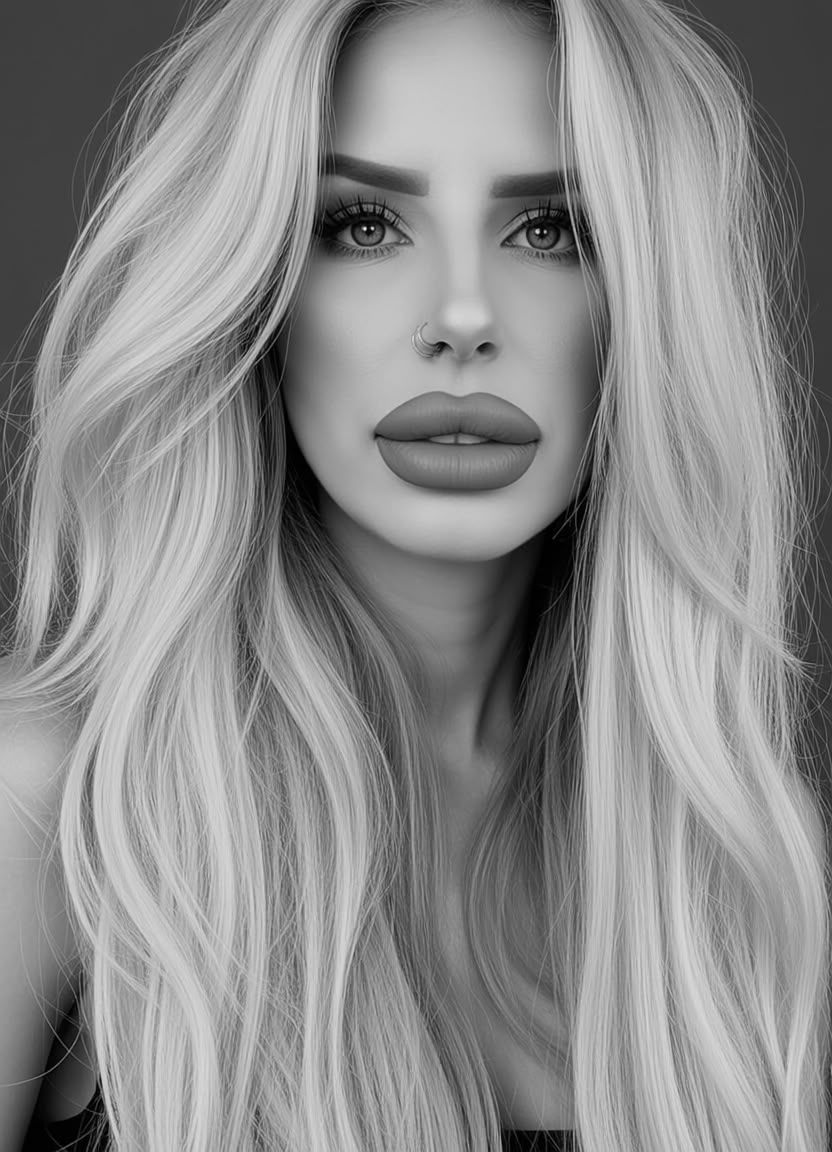 Black-and-white portrait of long, voluminous platinum blonde hair — editorial imagery from the studio