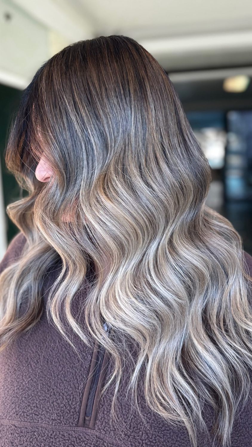 Ash mushroom-brown melting to silver-blonde balayage